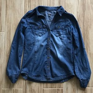 Chambray long-sleeve button-down with roll cuffs